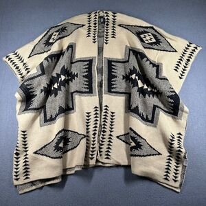 Nema Avenue Open Front Poncho Cape One Size‎ Beige Black Geometric Aztec Print